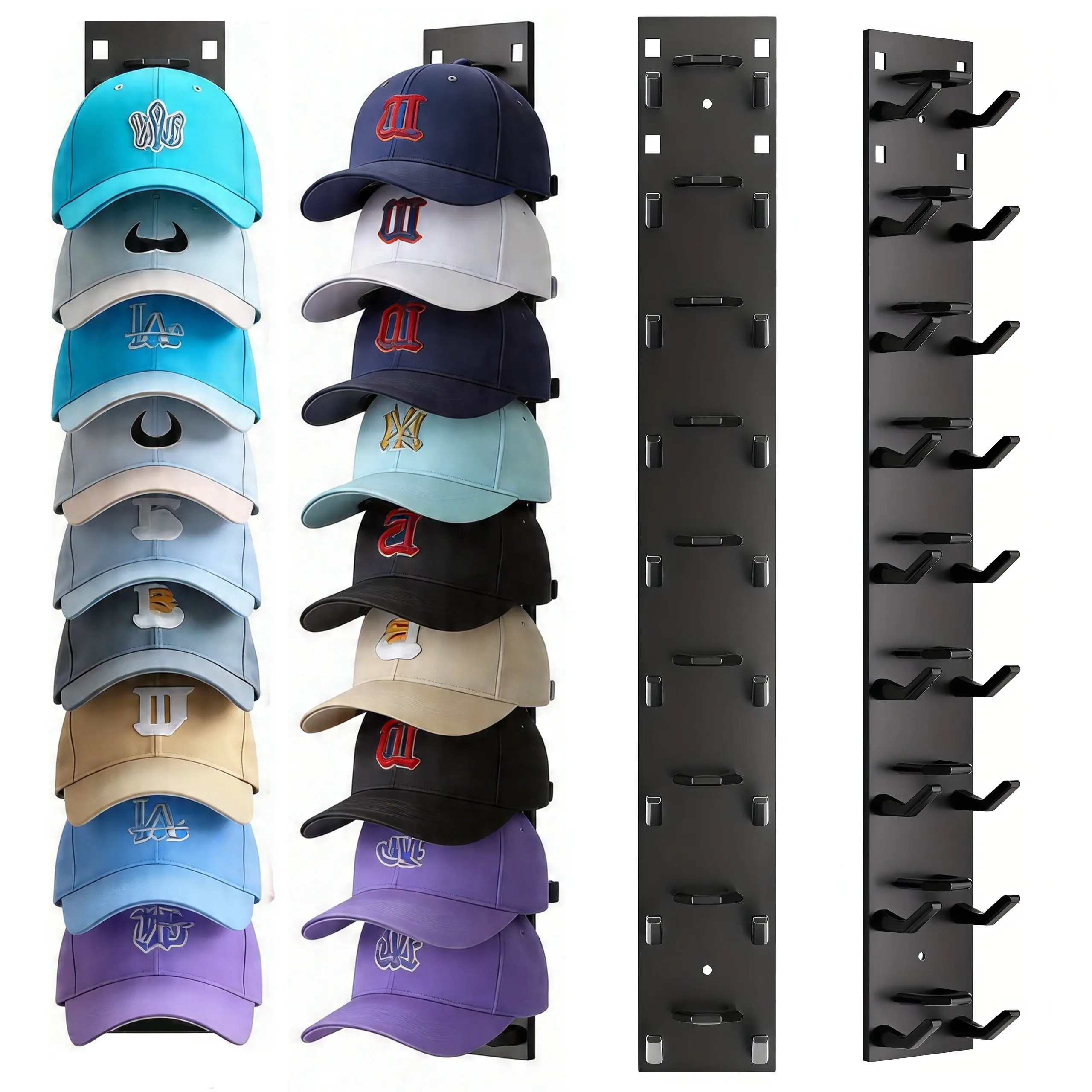 2 Wall-Mounted Hat Organizer- Closet Organization, House Decor, Apartment Stuff, Holds Up to 18 Hats, Includes Strong Adhesive & 2 Screw-On Racks, Suitable for Wardrobe Doors & Bedrooms, Black & White Decorative Key Hook Shelf