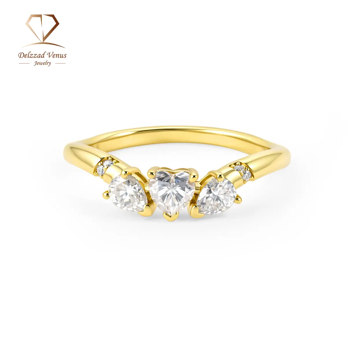 Delzzad 0.9ct D Color VVS Synthetic Moissanite Ring, Three-Heart Stone Golden Triad of Love Promise Ring Copper Band Daily Jewelry for Anniversary Gift