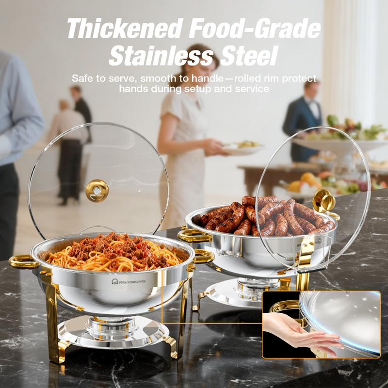 WARMOUNTS 5QT Gold Chafing Dishes for Buffet with Glass Lid , Round Chafers and Buffet Warmers Set with Mirror-Polished Stainless Steel, Rolled Rim, Stackable, Lid Holder for Parties, Weddings (2/4/6 Pack）