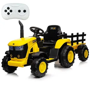 12V Kids Ride On Tractor with Remote Control, Detachable Trailer, 35W Dual Motors, Bluetooth Music, 3-Gear Shift, Secure Strap, 7 LED Lights - Yellow for Kids