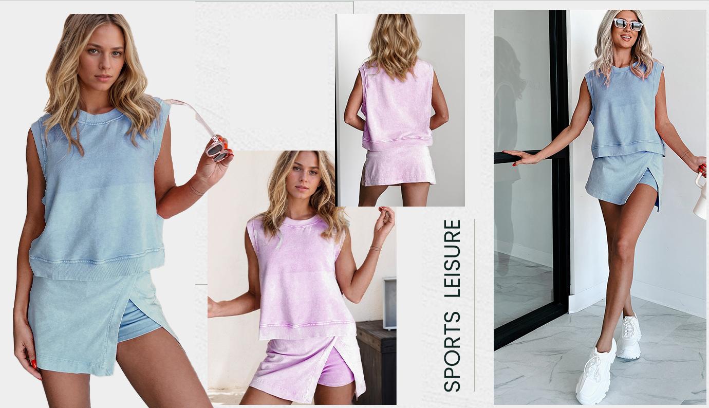 Yeokou Women's Travel Outfits Summer Lounge Set Two Pieces Mineral Wash Cotton Tank Top Lined Split Athletic Skirt Set