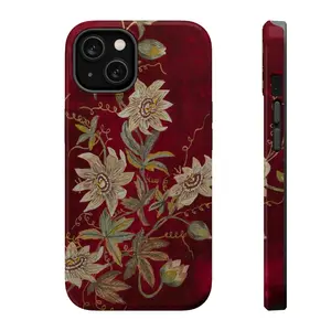 White Passionflowers on Deep Red Tough iPhone Case, Passionflowers Tough Phone Case, Gift for her, vintage, retro cover