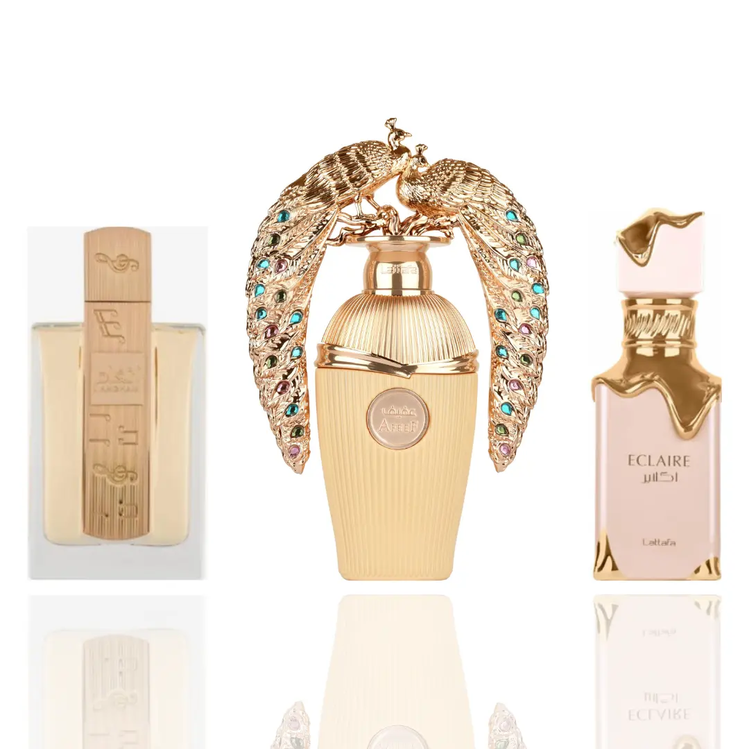 Lattafa Women's Fragrances 3-Piece Bundle Set - Aromatic, Packaged Bundle with Eclaire, Afeef, Angham Scents, Balanced Blend, Dessert-Infused Notes, Ideal for Evening Wear, Aromatic Women's Fragrance
