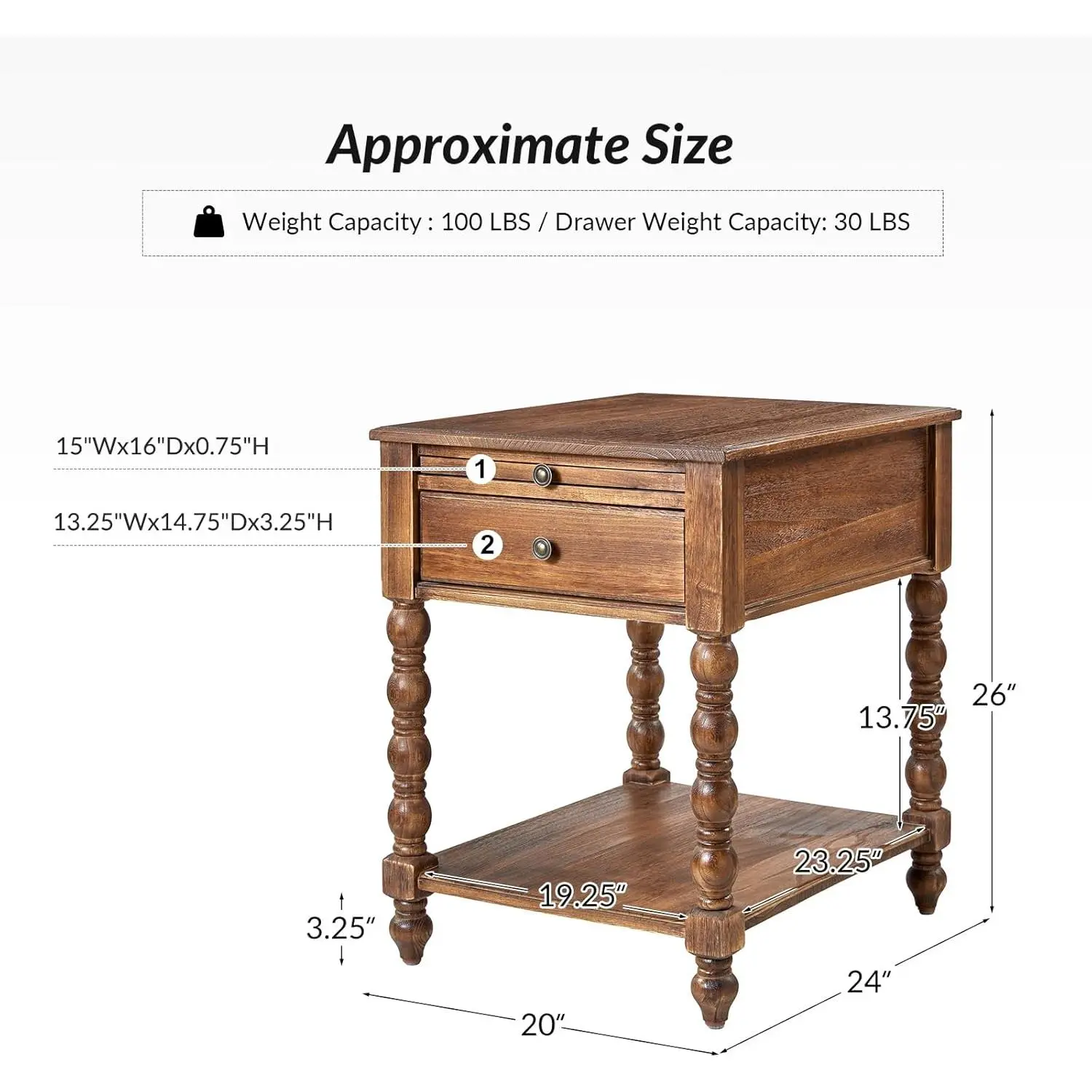 Spindle Nightstands with Charging Station, Solid Wood Nightstand with Drawer Shelf, Side Table with Pull-Out Shelf (Walnut)