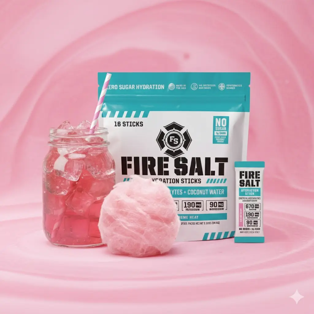 Fire Salt - Cotton Candy Flavor Zero Sugar Hydration Sticks with 3x Electrolytes & Coconut Water for Wildland Firefighters