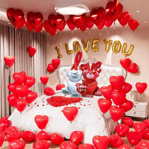 Valentine's Day Romance Balloons Decorations Kit - Romance Maker Set with "I Love You" Accent, Love-Bear Red Hearts, 1000+ Pieces Red Silk Rose Petals, Rubber Balloons for Valentine's Day, Proposal