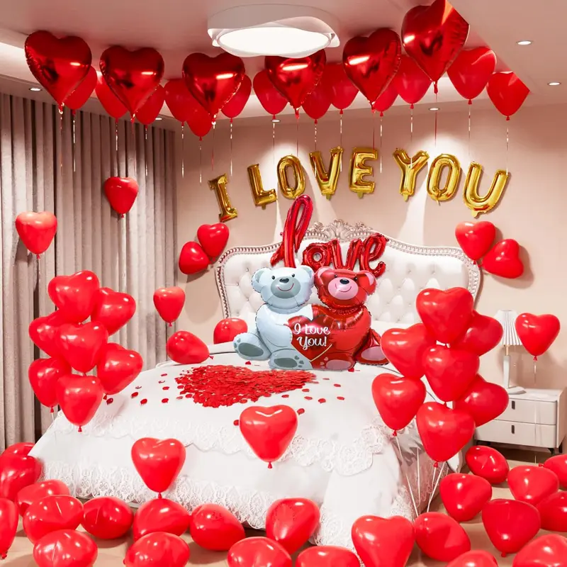 Valentine's Day Romance Balloons Decorations Kit - Romance Maker Set with "I Love You" Accent, Love-Bear Red Hearts, 1000+ Pieces Red Silk Rose Petals, Rubber Balloons for Valentine's Day, Proposal