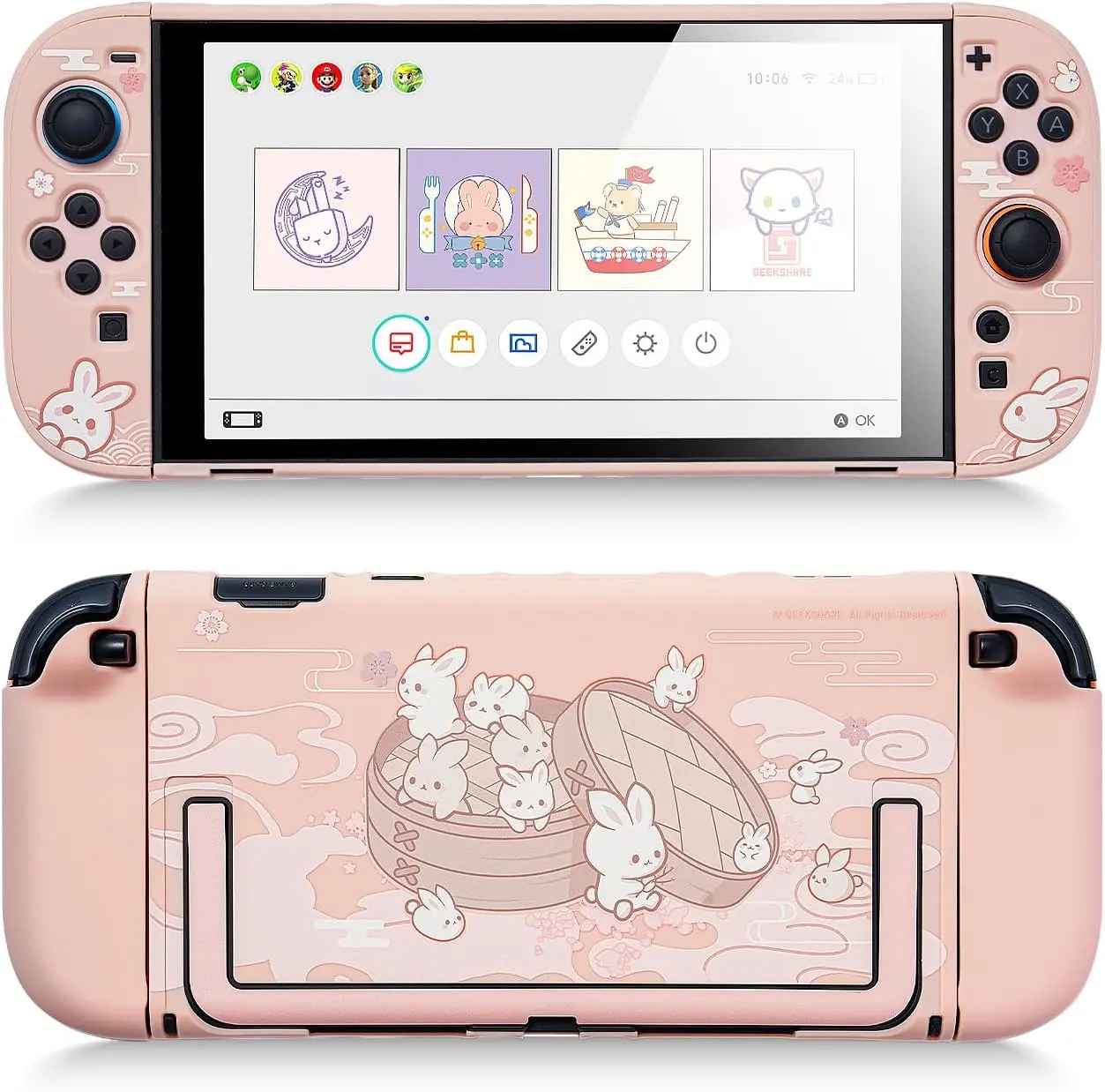 GeekShare Dockable Protective Shell for Switch 2 Console - Kawaii Cartoon Bunny Game Accessories, Anti-Scratch, Shock-Absorption Cover Skin with Stand