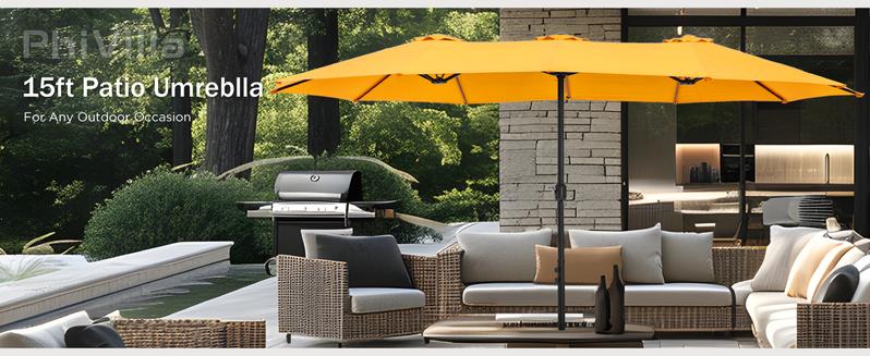 [12 New Colors] PHI VILLA 15ft Patio Umbrella with Base, Double-Sided Outdoor Market Extra Large Umbrella with Crank, Umbrella Base Included, LED Solar Lights