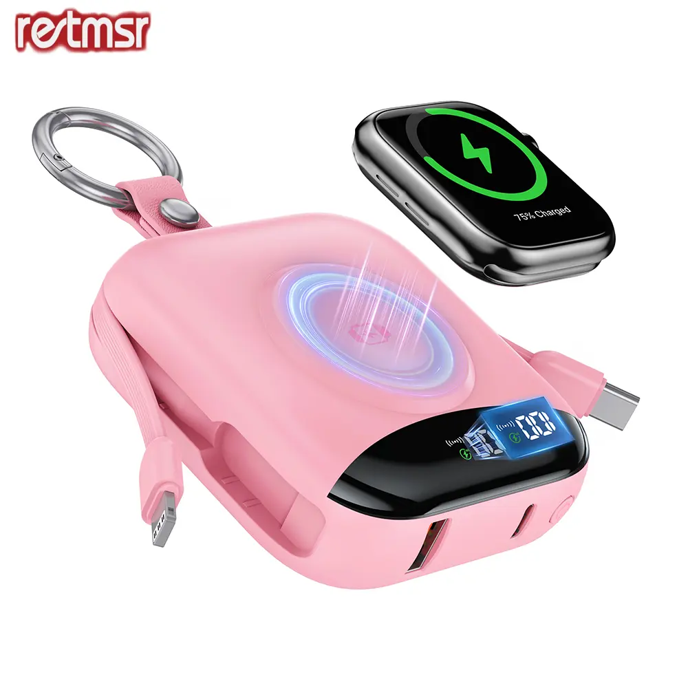 RETMSR 10000mAh Battery Power Bank Charger with Built-in Cables — Charges Phone, Apple Watch & Tablet Wirelessly, 22.5W Fast Charging, No Adapter Needed, Travel Essential for iPhone, Samsung & Android