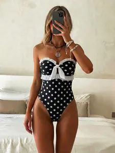 SIRENA Bonvoyette Spring/Summer New Black & White Polka Dot Bow Tie Gather Mod Lolita Party Afternoon Tea Strapless Detachable Strap Beach Resort One-Piece Swimsuit For Women