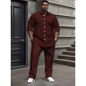 1set Men'S Plus Size Casual Suit Set - Polyester Lapel Shirt with Slight Stretch, Solid Color Woven Bottoms, Regular Fit with Elastane - Stylish and Comfortable Outfit Clothes Menswear