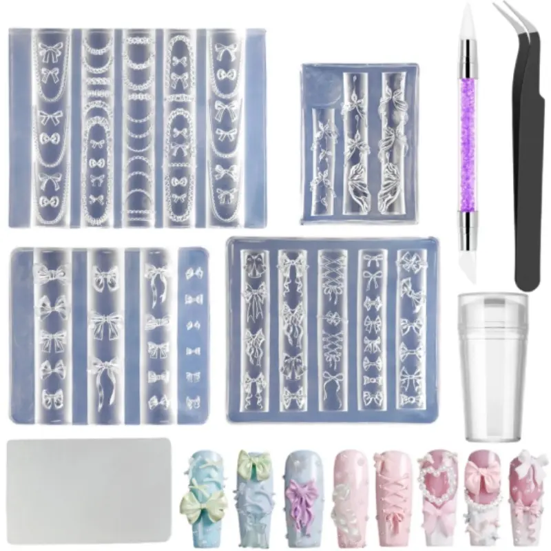 8-piece bow silicone nail mold set 3D multi shape ribbon lace bow silicone nail accessories with carving pen resin suitable for DIY nail design for women