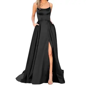 Women Gala Dress Pure Color Halter Off Shoulder A-Shaped Swing Long Skirt Banquet Party Elegant Front Fork Minimalist Dress