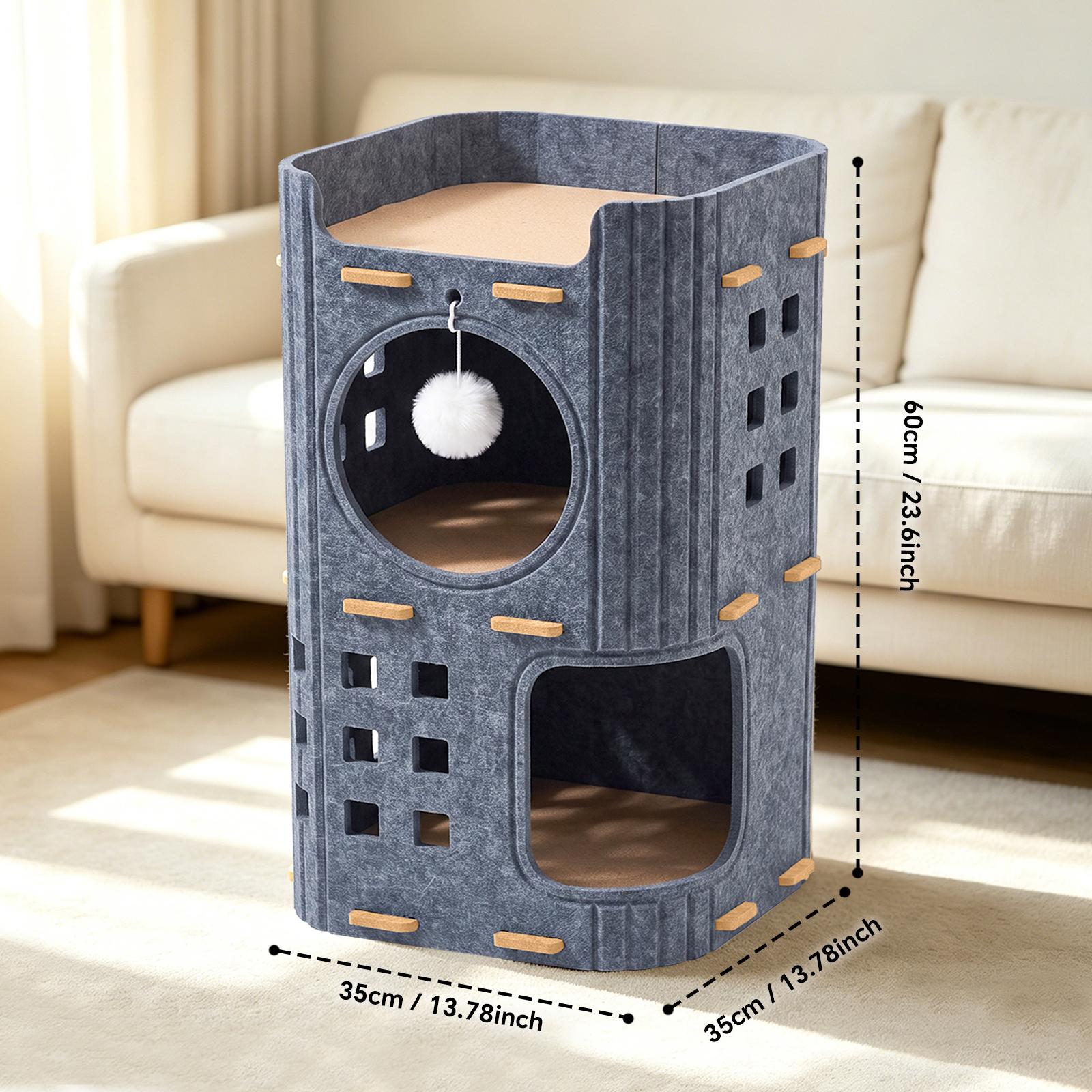 2-Tier Detachable Felt Cat Tower House Multi Level Cat Cave Condo with Hanging Pom-pom Toy Scratch Pad Base Breathable Hollow Window Design Indoor Large Space Cat Shelter for Kittens Adult Ca