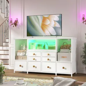 RaybeeFurniture Modern Dresser with 7/8/10 Drawers, Entertainment Center with LED Lights & Charging Station, Large Chest of Drawers with Open Shelves, Makeup Vanity Dresser for Living Room, Bedroom, Hallway, Wood Top