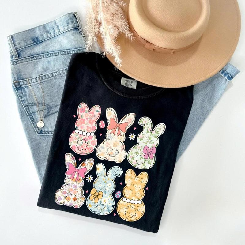 Comfort Colors Coquette Easter Bunny Floral TShirt, Easter Bunny T-Shirt, Coquette Easter Teee, Girly Easter Kids Bow, Retro Easter TShirt