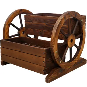 Indoor & Outdoor Wooden Wagon Planter Box, Garden Planter with Wheels,Decorative Planter for Flowers Herbs Vegetables Décor Cart for Patio Garden Balcony Decoration.