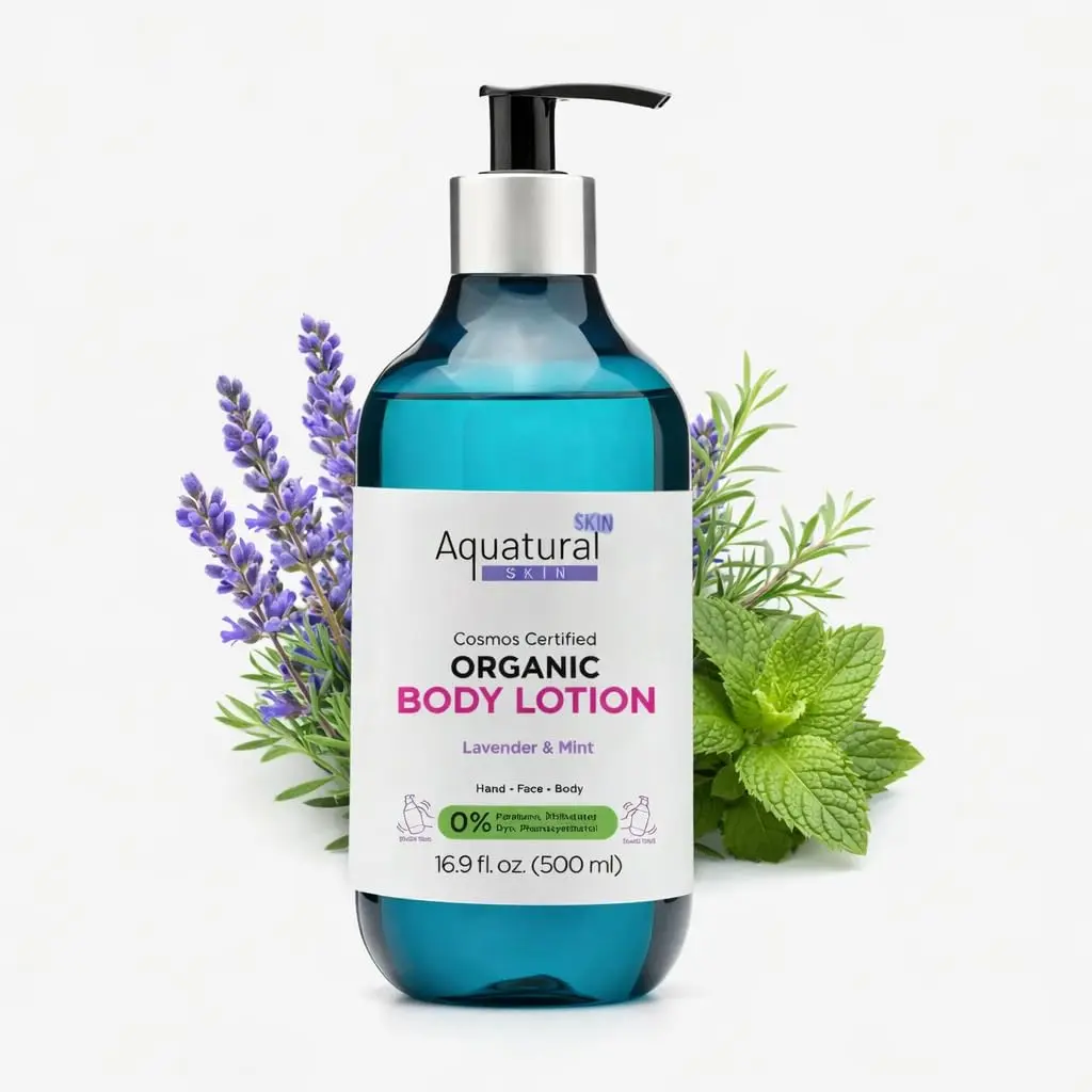 Aquatural Organic Body Lotion for Women & Men, Cosmos Certified, Lavender & Mint, Sensitive Skin, Deep Hydration, 16.9 Fl Oz, Lightweight, Gentle & Soothing