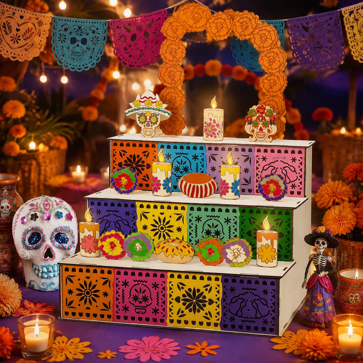 3-Tier Día de los Muertos Altar Decor Set, Mexican Ofrenda Display with Skull, Marigold, Candle & Papel Picado Decorations for Halloween Party