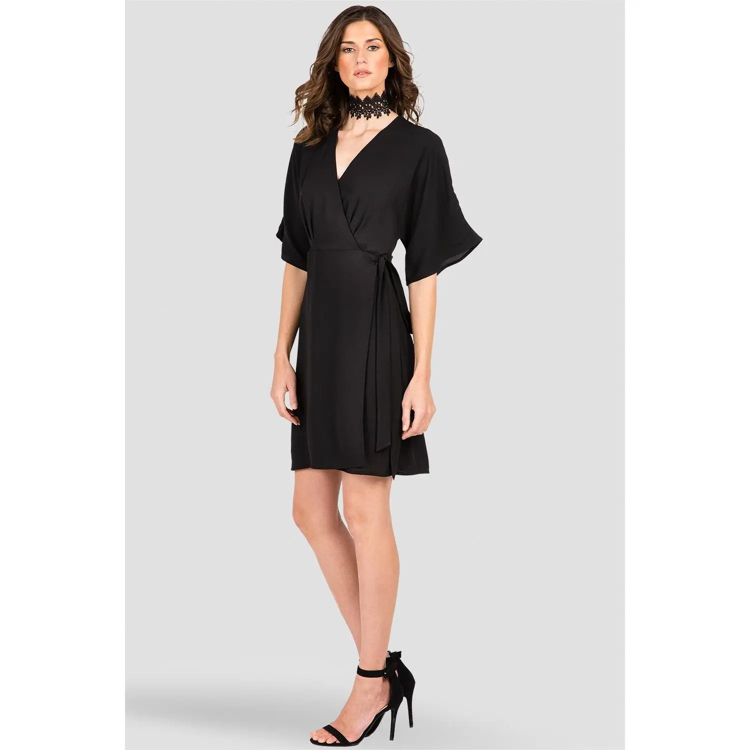 Standard & Practices V-Neck Black Kimono Wrap Dress