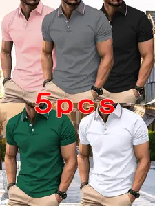 Men’s Solid Color Summer Polo Shirts, 5-Pack – Turn-down Collar Short Sleeve, Comfortable and Breathable for Sports and Outdoor Activities, Available in Multiple Colors, Great Gift for Men