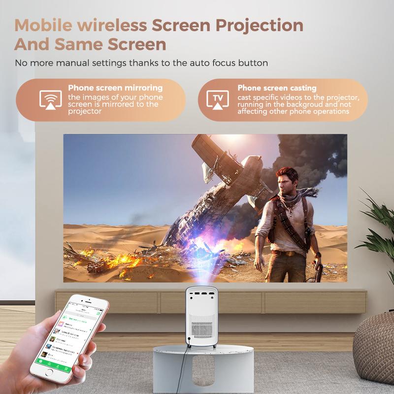 Portable Smart Projector With Android 12, 4K HD Display, Auto Focus, WiFi6 & BT5.4, Built-in Battery, Ideal For Home Cinema And Outdoor Use, Holiday Essentials, Christmas Gifts