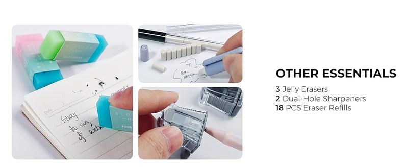 Four Candies 56/58 PCS Aesthetic School Supplies with Large Pencil Case, 6 Colored Ballpoint Pens, 12 Pastel Highlighters, 5 Black Ink Gel Pens, 9 Mechanical Pencils 0.5-2.0mm Student Essentials,girly office supplies,Writing Instruments Stationery Set