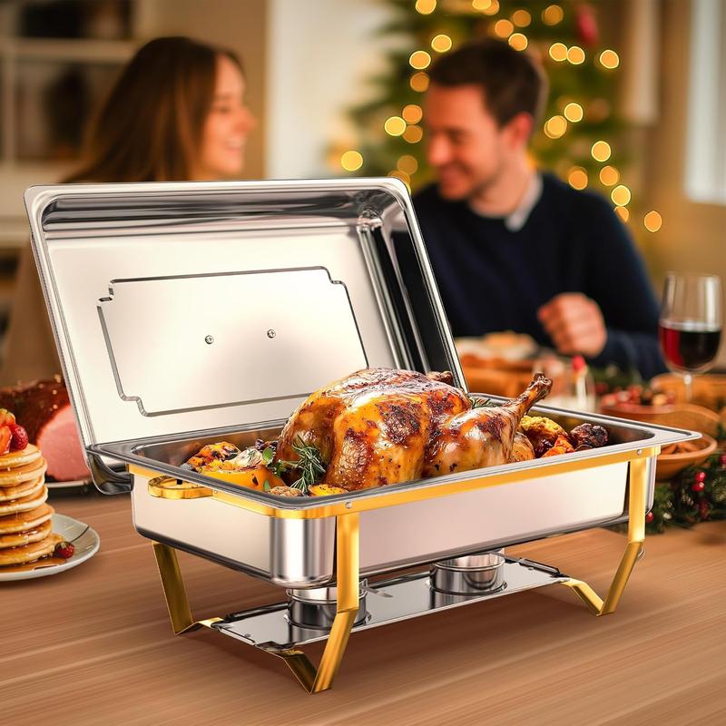 Gold Chafing Dishes for Buffet 9QT 2 Pack/4 Pack, [Easily Assemble] 430 Stainless Steel Chafing Dish Buffet Set w/Foldable Frame, [No Finger Cut] Chafer for Catering