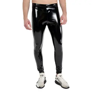Kapow Meggings Slick Rick Black Vinyl Men’s Leggings (No Pockets) | Bold Shiny Fashion, Festival & Streetwear Compression Yoga Pants Stretchy High Waist