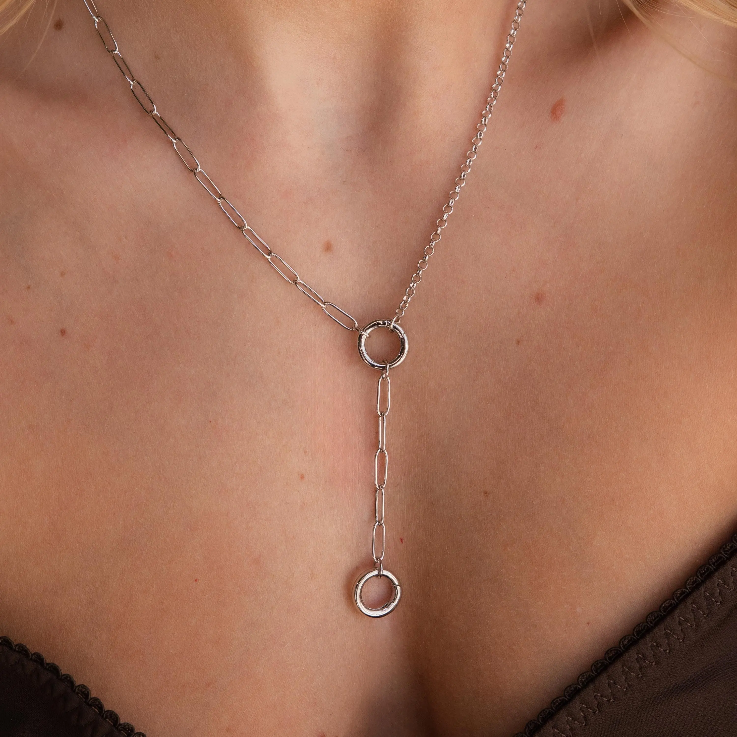 Rolo Lariat Paperclip Clasp Necklace in Silver by Caitlyn Minimalist - Silver Charm Holder Necklace - Bold Link Chain Y Necklace - Summer Jewelry - Best Friend Gift