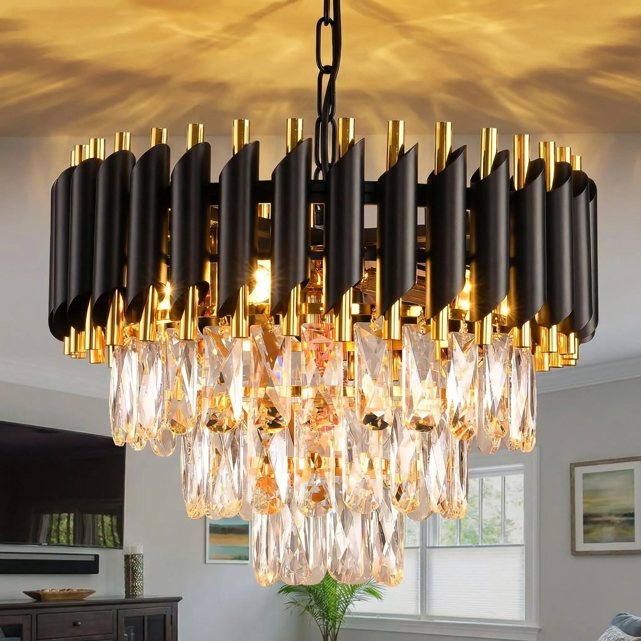Modern Black & Gold Crystal Chandelier, Dimmable 3-Tier Raindrop Effect 15.7-Inch E12 Crystal Chandelier for Living Room/Dining Room/Bedroom