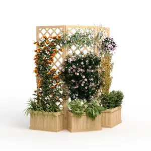 Garvee Cedar Privacy Screen with Planter Box - 3-Panel 65" Tall Outdoor Divider, Freestanding Garden Fence with Raised Bed & Drain Holes for Patio, Deck, Backyard (Natural Wood)