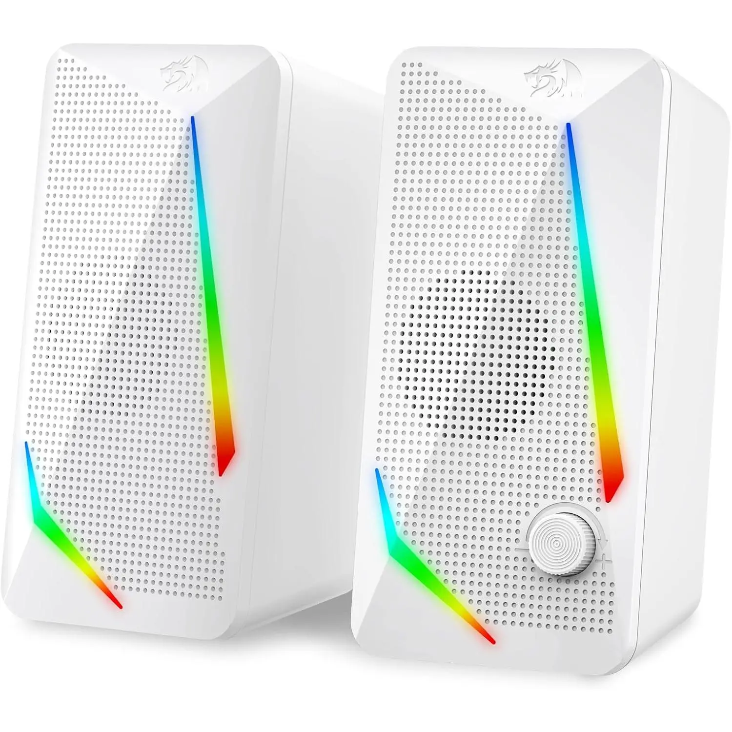 Redragon GS510 RGB Compact Stereo Desktop Speakers, 2.0 Channel Audio Plug-in PC Computer Speakers with 4 Color LED Backlight Modes, Enhanced Bass, Handy Easy-Access Volume Control, USB Powered w/ 3.5mm Cable, White, Bass Speakers tiktokshopbacktoschool