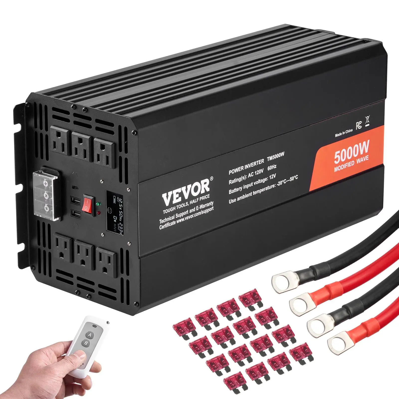 VEVOR 12V DC to 120V AC Solar Modified Sine Wave Power Inverter with Switch, 5000W Max Safety-Enhanced Aluminum Rectangular 12V System, 6 AC Multi-Outlets, 2 USB Ports, 1 Type-C Port, LCD Display, Remote Controller, for High-Load Home Appliances, 16 Spare