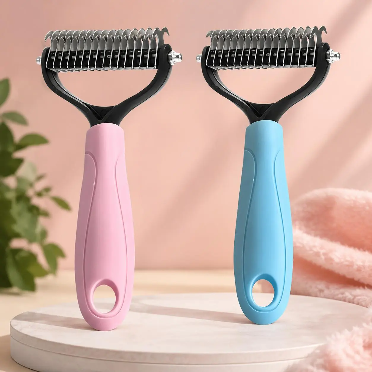Professional 2-Sided Double-Head Pet Deshedding Comb - Durable Construction, Rounded Teeth, Dematting Rake for Dogs/Cats, Undercoat & Flying Hair Grooming Tool (Blue & Pink) - Father's Day Gift for All Fur Types