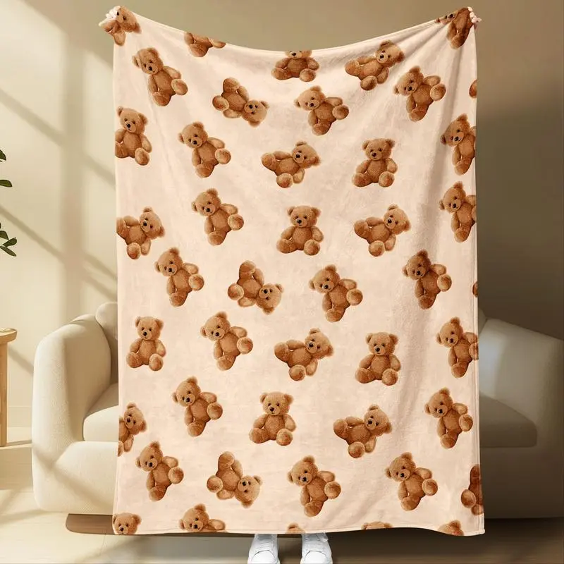 Teddy Bear Pattern Throw Blanket, Lightweight Cozy Blanket, Cute Plush Style Fleece Blanket, Cozy Soft Blanket for Bedroom and Living Room Decor