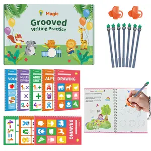 Playedux Magic Grooved Writing Books, Reusable Paper Handwriting Books in Box for Kids Ages 3-8, Educational Tool for Grade 2, Kindergarten Readiness, Set of 8 Spiral Notebooks and Pens.
