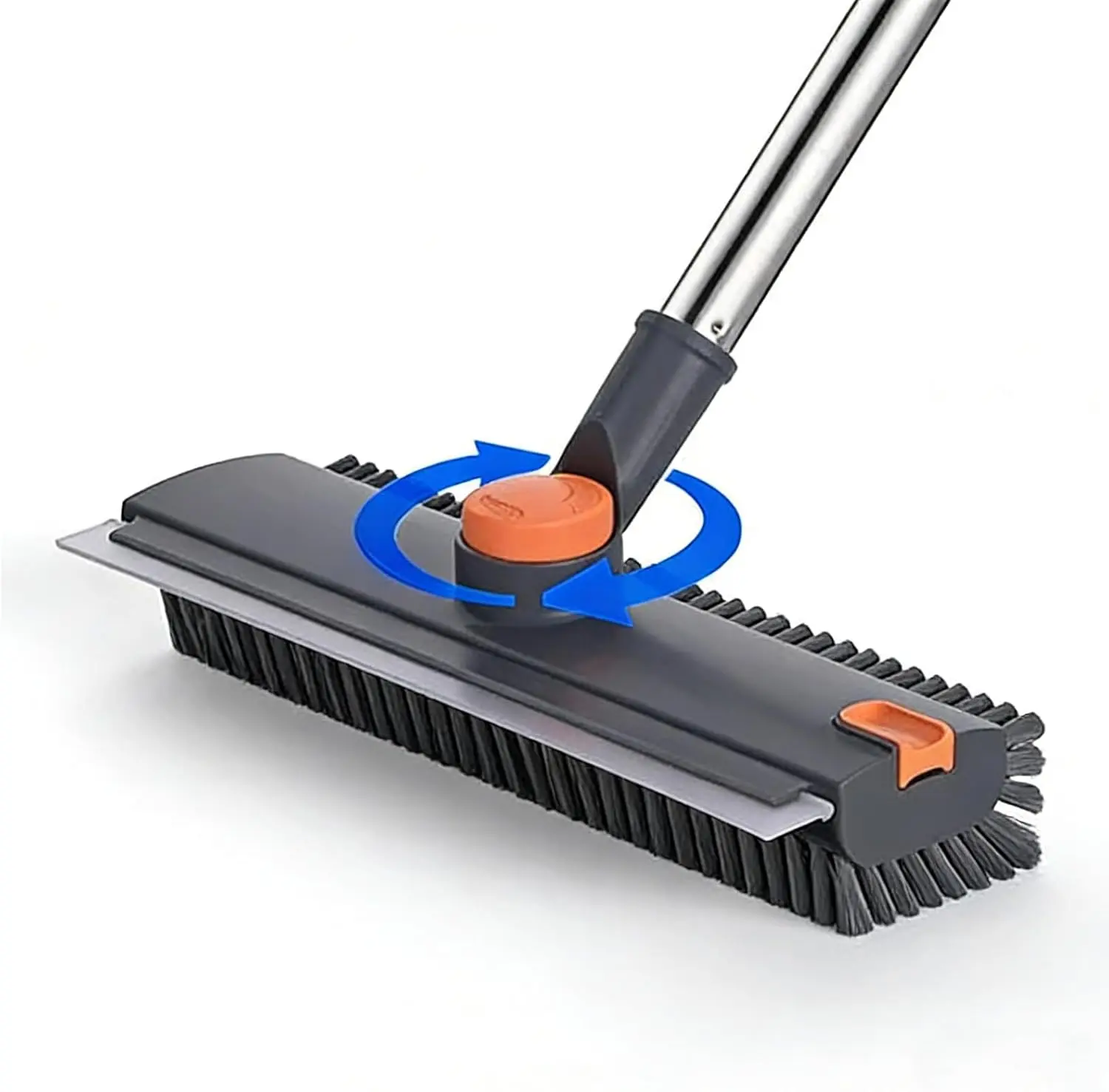 3-in-1 Adjustable Heavy-Duty Floor Scrub Brush with Long Stainless Steel Handle & Squeegee, Rotatable 360° Stiff Bristles for Efficient Cleaning of Bathroom, Courtyard, Durable Sturdy Build Home Care Broom