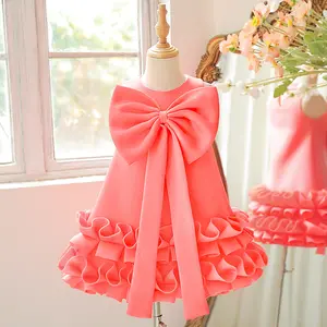 3-8Y Watermelon 6111 Kids Clothes Flower Girls Frock Bow Ball Gown Pageant Children Elegant Princess Prom Host Formal Evening Party Banquet Cocktail Dress