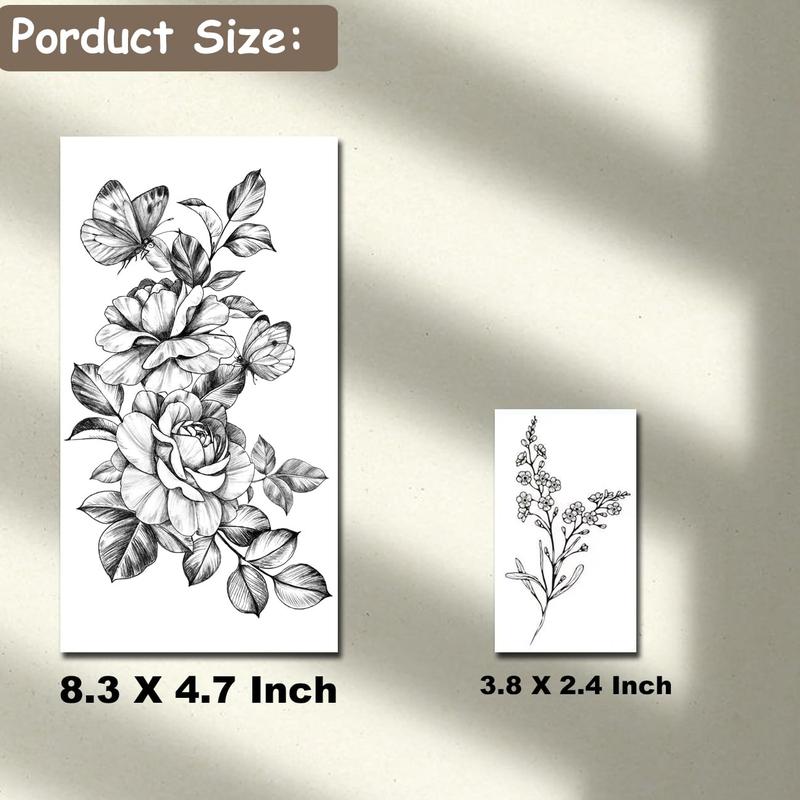 23 Sheets Flower Temporary Tattoos For Women - Waterproof Realistic Rose Orchid Tattoos Tiny Branch Sketch Fake Tattoos for Women Body Art Arm Neck Hands