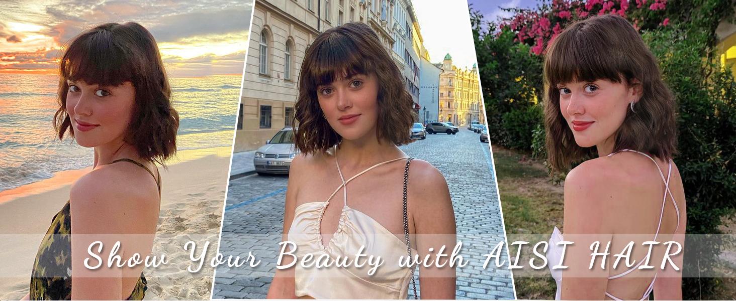 AISI HAIR Short Curly Wavy Bob Wigs for Women Black Wig with Bangs Synthetic Heat Resistant Fiber Wig Breathable Adjustable Outdoorfun