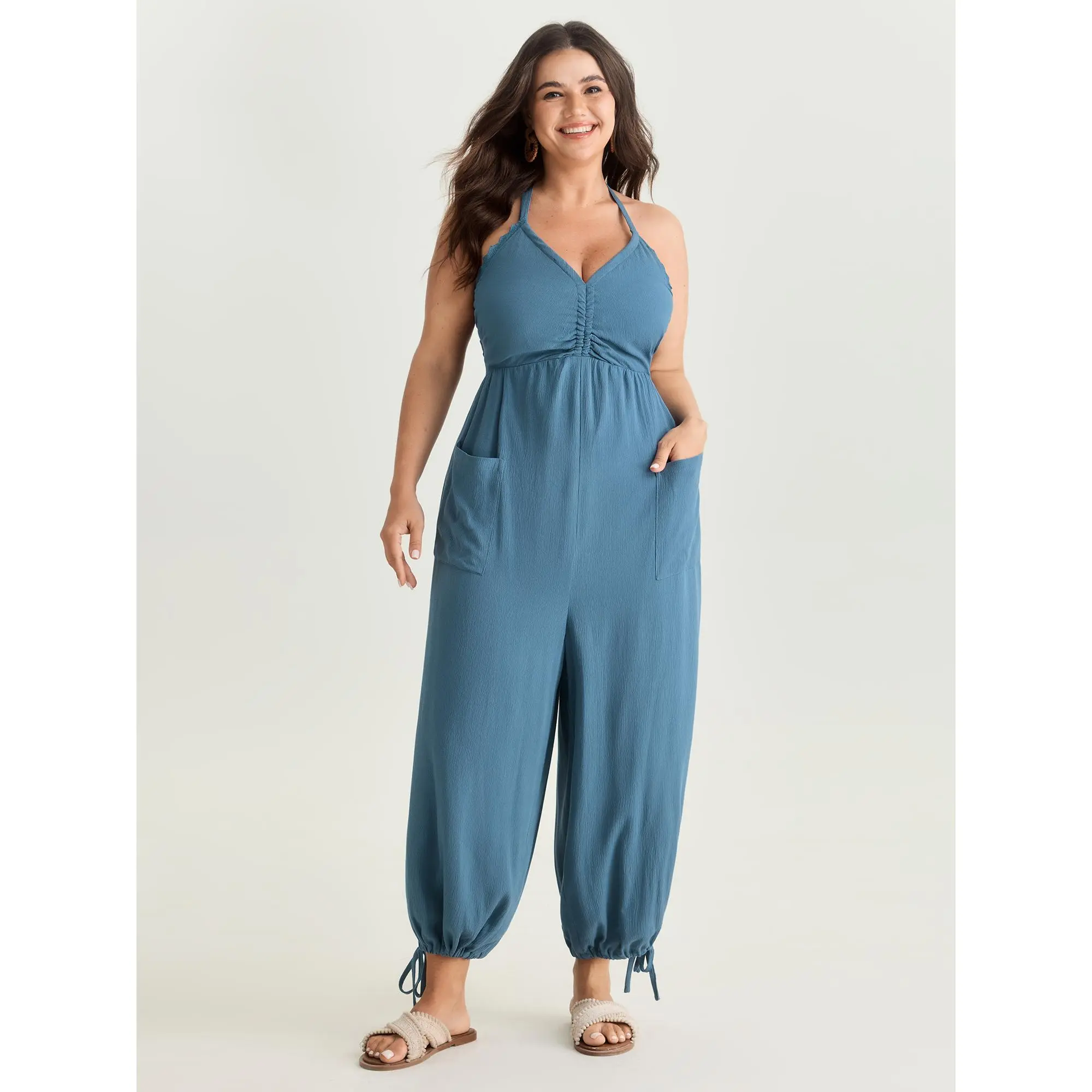 BloomChic Plus Size Casual Jumpsuit, Solid Rayon Fabric with a Boho Vibe, Ruched Front, Crisscross Tie & Patch Pocket, Fit, Regular Length