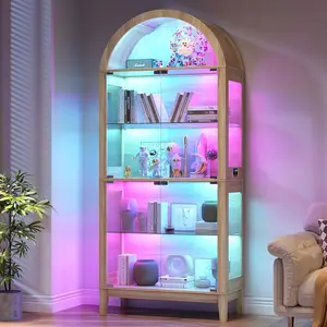 Arched Display Case with RGB Lights, 69" Tall 5-Tier Tempered Glass Display Cabinet with Doors, LED Lego Curio Cabinet with Shelf, Floor Standing Bookcase for Living Room (Natural)