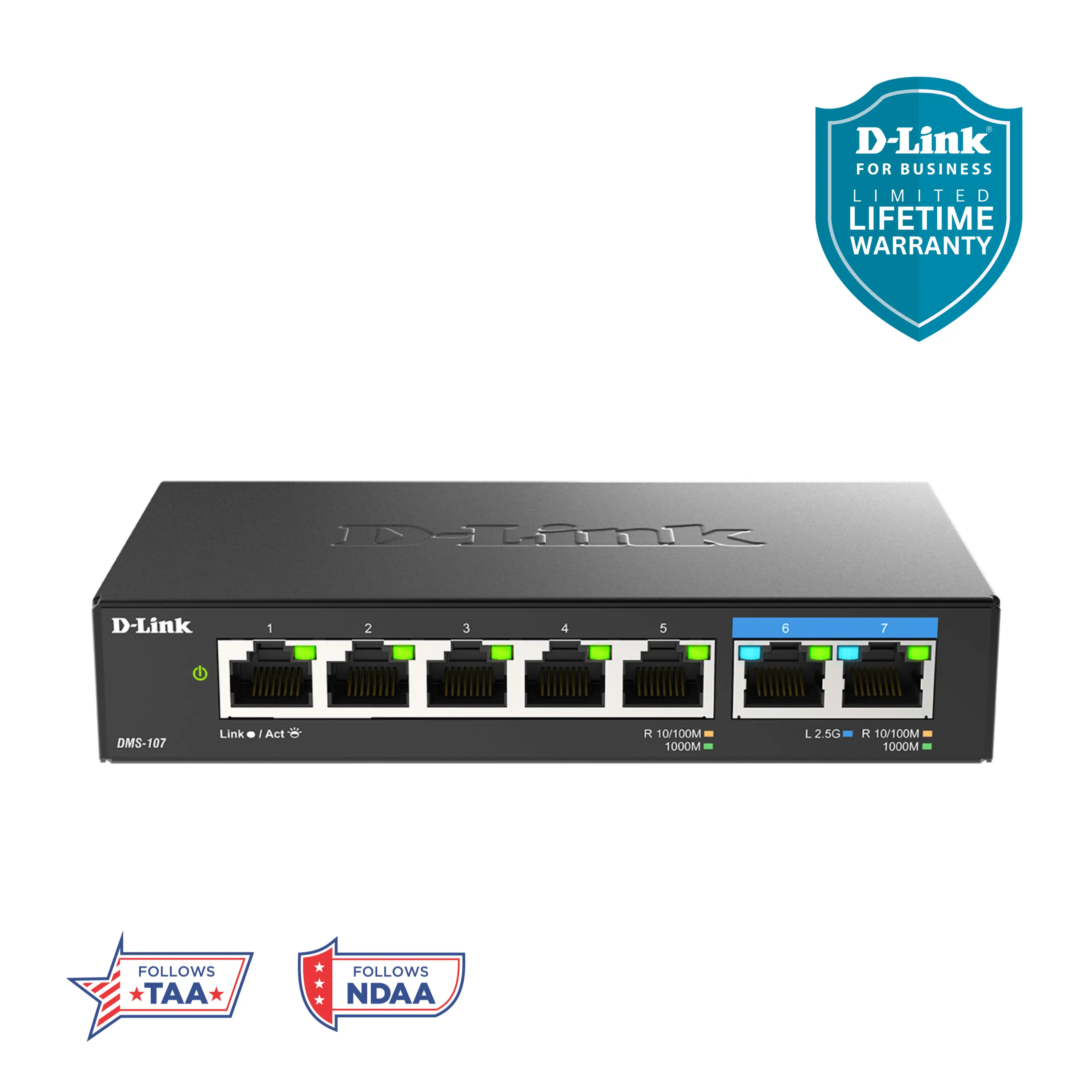 D-Link 7-Port Multi-Gigabit (2.5Gb) Unmanaged Ethernet Switch (DMS-107) | 2 x 2.5 Gb, 5 x 10/100/1000Mbps Ports