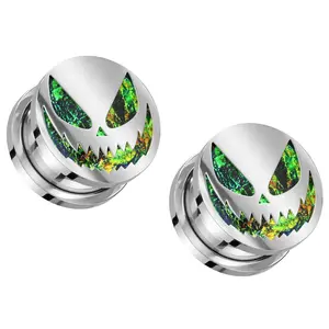 Green Glitter Spooky Halloween Smile Screw Fit Plugs - 316L Stainless Steel - Pair