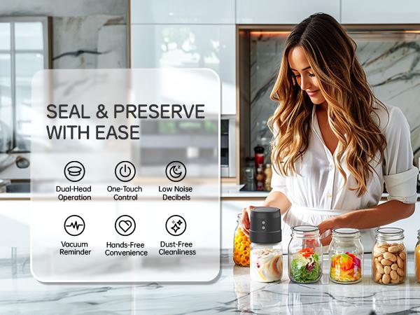 Dual-Head Electric Mason Jar Vacuum Sealer Kit with Dust Cover, 2×Wide & Regular Mouth Mason Jars Lids for Food Preservation