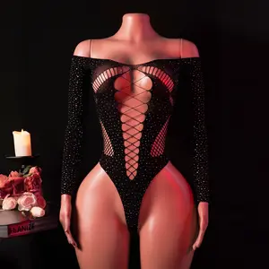 Sheer Mesh Bodysuit for Women Sparkly Rhinestone Glitter Teddy Lingerie Set Off Shoulder Long Sleeve Sexy Bodysuit with Cutout Designs