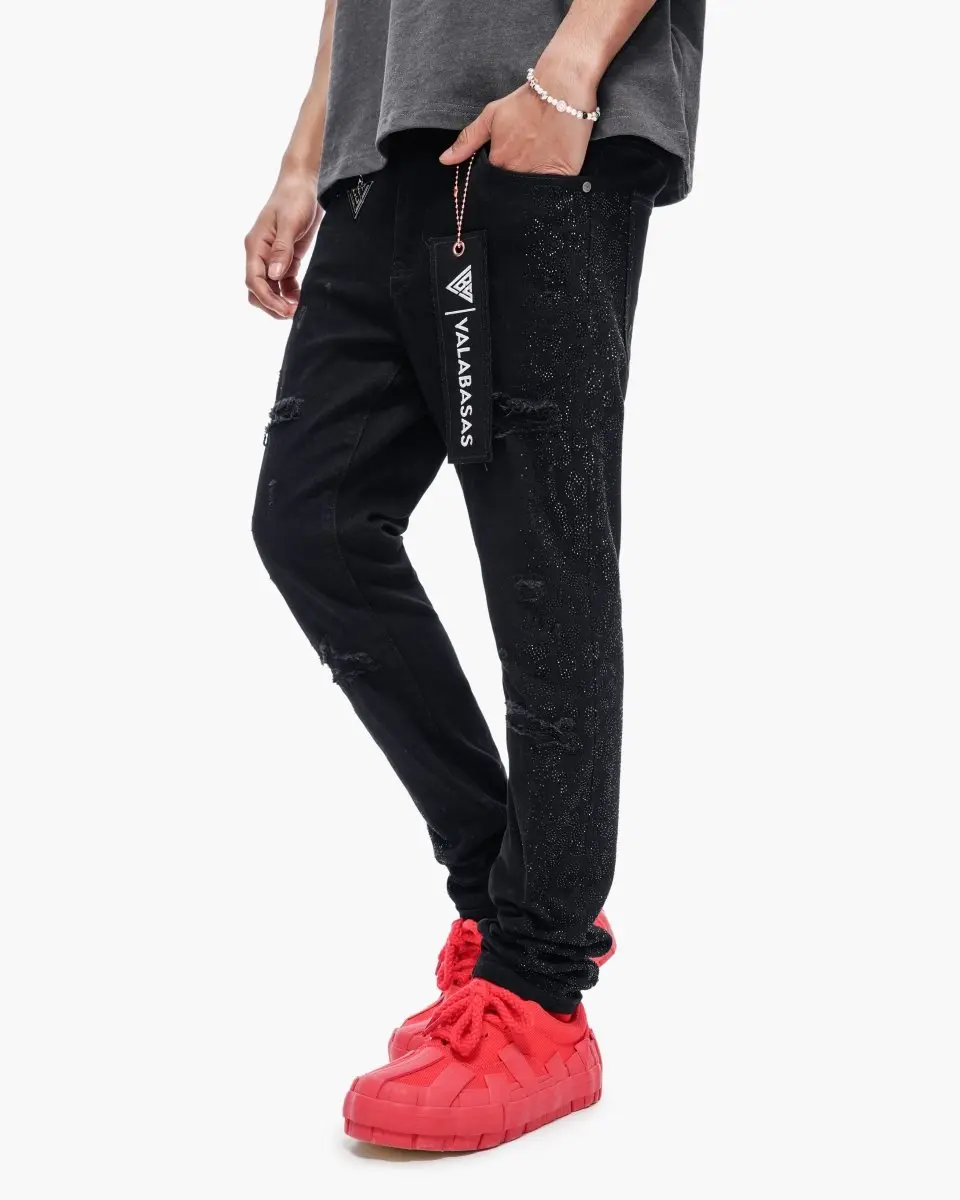 Men's Skinny Fit Denim Pants - Vintage Distressed Stretch Denim Jeans, Jet Black, Rhinestone Bedazzled Accents, 5-Pocket Styling, Spandex, Button & Zip Fly, True Size Menswear