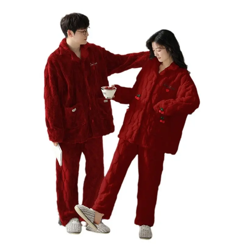 Couples Matching 2-Piece Thermal Pajama Set - Soft Coral Fleece Long Sleeve Lounge Clothes, Pants, Thermal Wear, Colorfast Durable, Christmas Morning Tradition, Meaningful Gift Duo, Yx93457